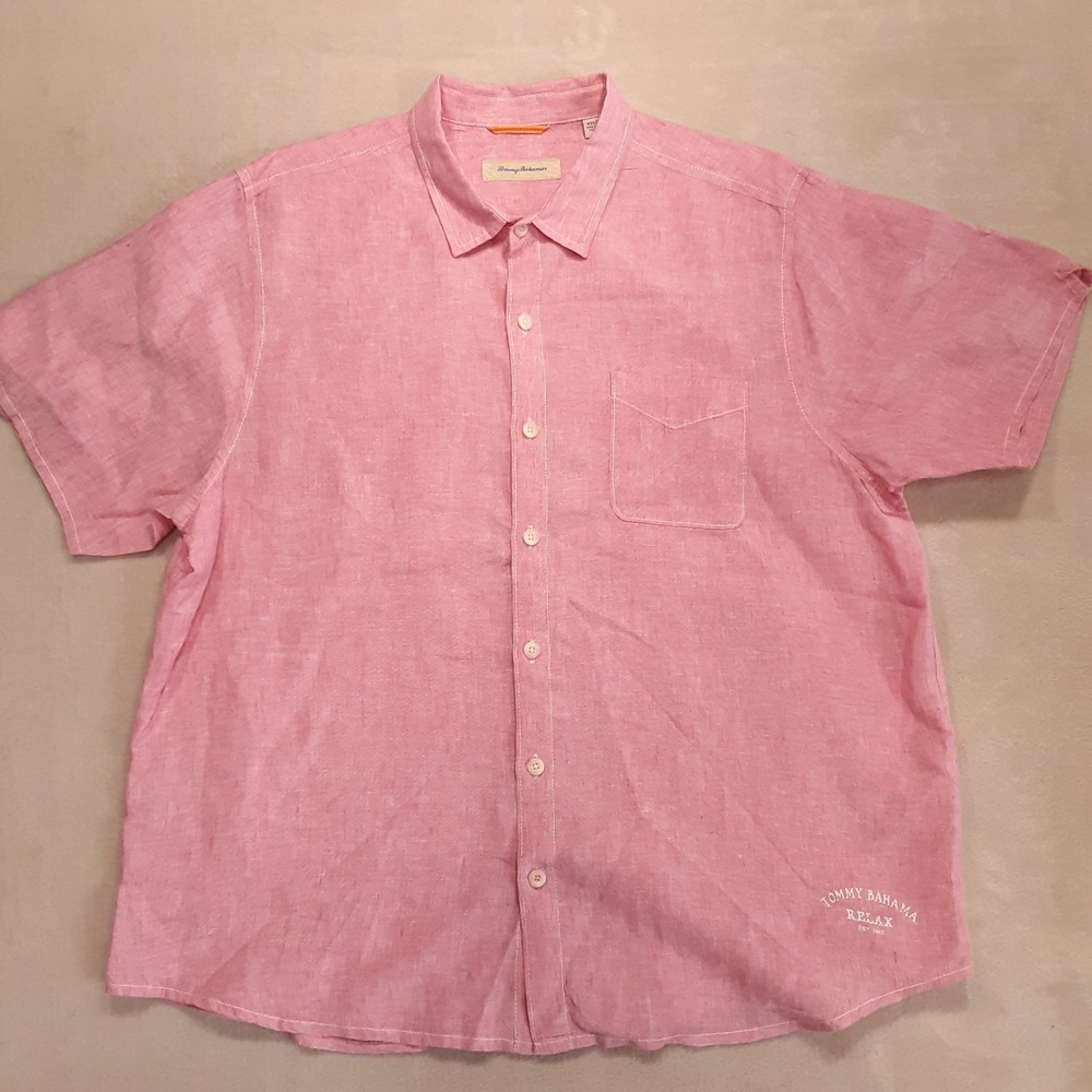 Tommy Bahama Relax Mens Short Sleeve Linen Button Shirt 2XL Pink Knited